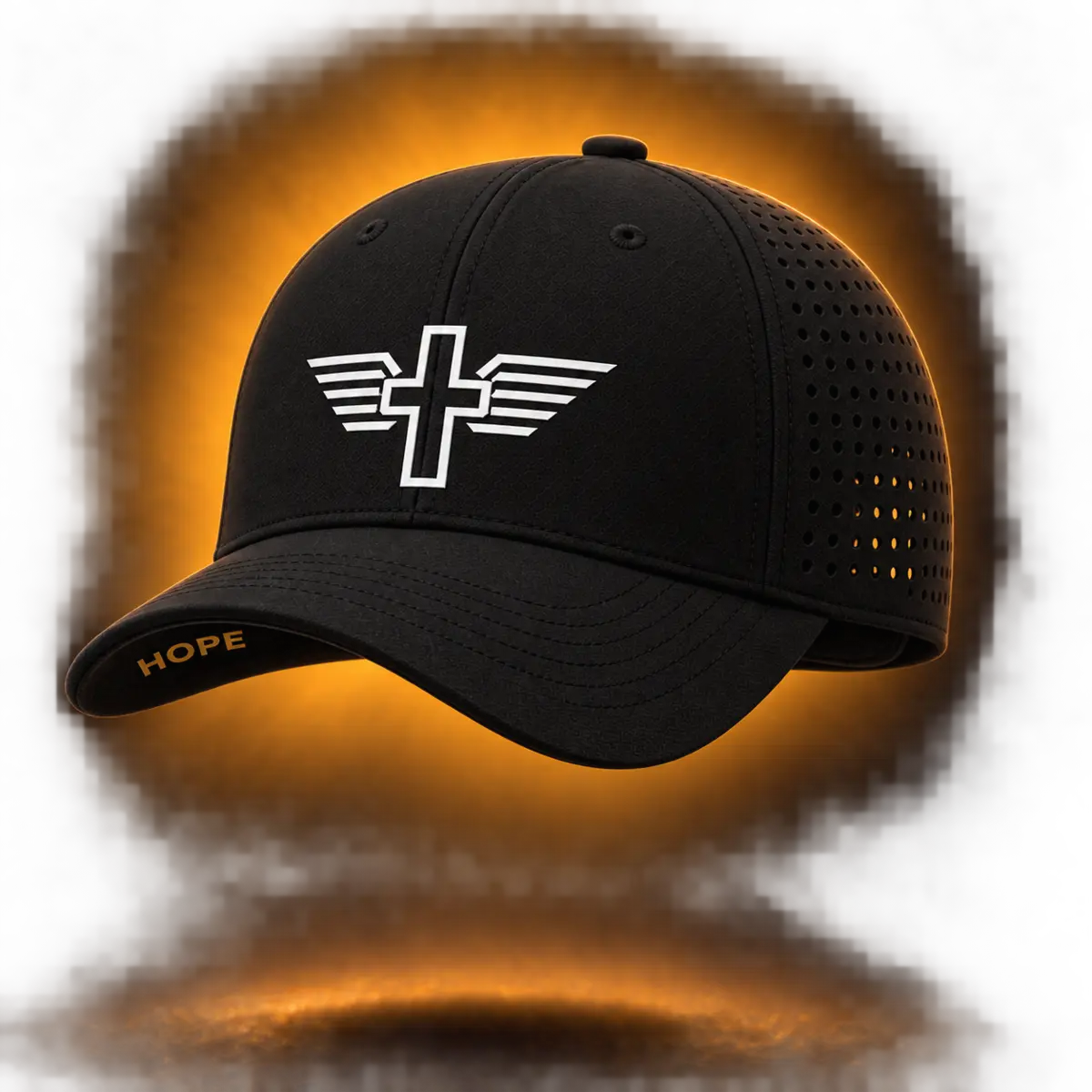 Black Ascend Performance Hat concept with the WLE crest, curved visor, and ventilated side panels.