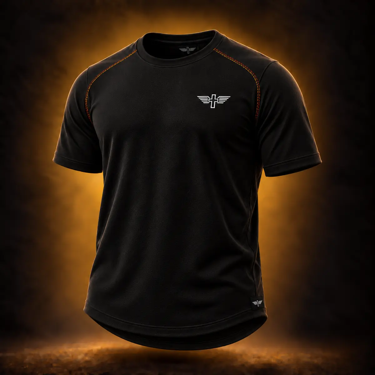 Black Renew Performance Tee concept with Hope Gold shoulder stitching and a curved athletic hem.