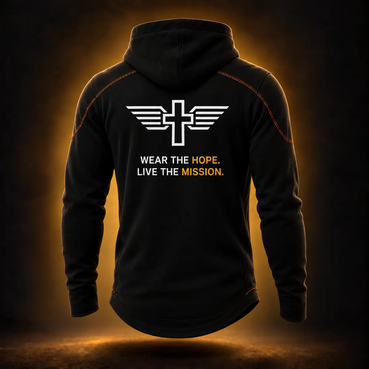 Back of the black Soar Hoodie concept with the white WLE crest and Wear the Hope Live the Mission slogan in white and Hope Gold.