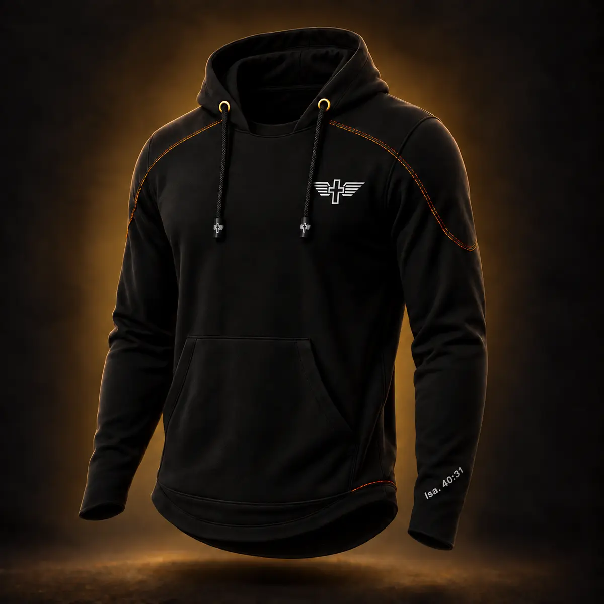 Black Soar Hoodie concept with an open crest hood, tapered cuffs, and Hope Gold details.