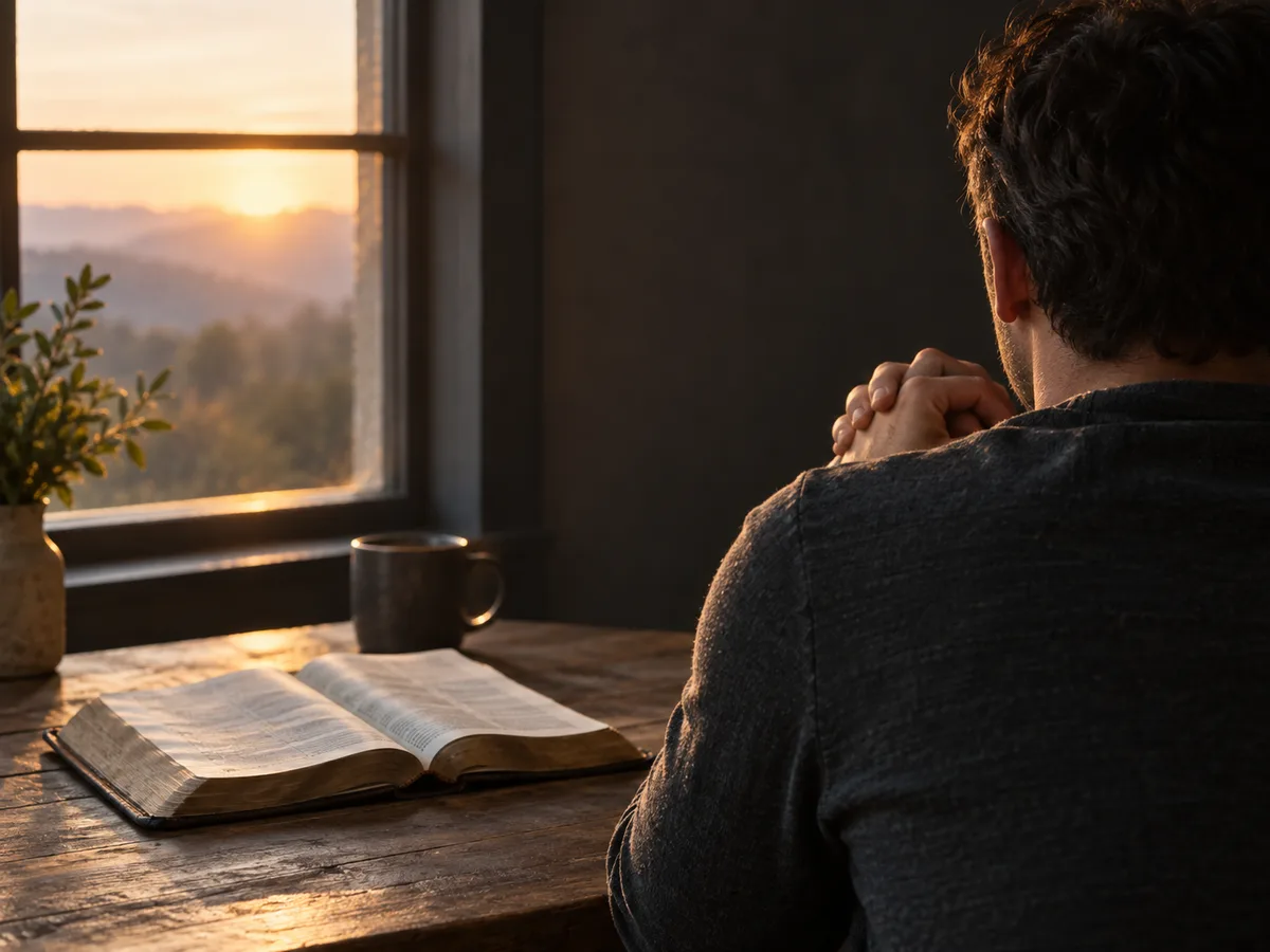 Illustrative scene of an anonymous person reflecting beside an open Bible in warm window light.